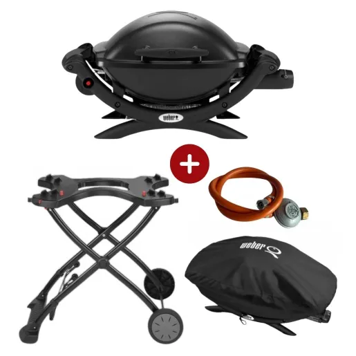 Set Gratar pe gaz Weber Q1000 - Negru + husa mica + suport cu roti